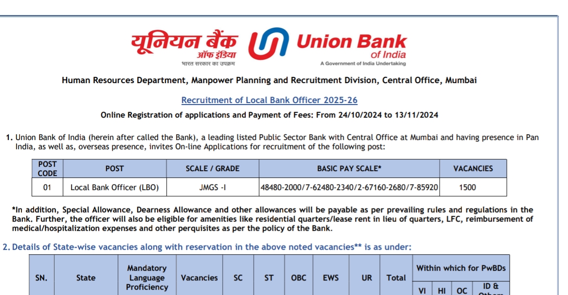 Union Bank of India Recruitment 2024: Apply for 1500 Vacancies – Eligibility, Important Dates 1 Union Bank of India Recruitment 2024: Apply for 1500 Vacancies – Eligibility, Important Dates