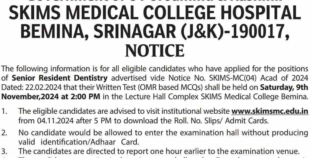 SKIMS Medical College Sgr Recruitment Notification 2024